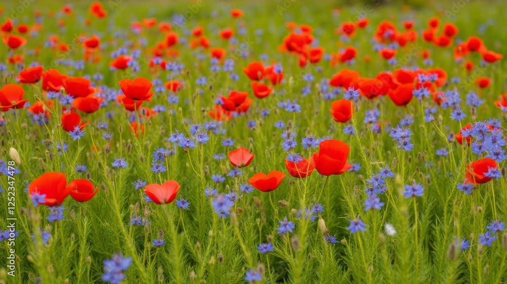 Vibrant Red Poppies and Blue Flowers in Lush Green Field Vibrant Red Poppies and Blue Flowers in Lush Green Field