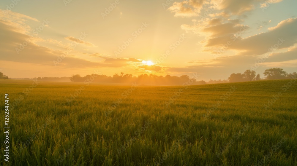 Scenic Sunrise over Lush Green Fields and Gentle Misty Horizon Scenic Sunrise over Lush Green Fields and Gentle Misty Horizon