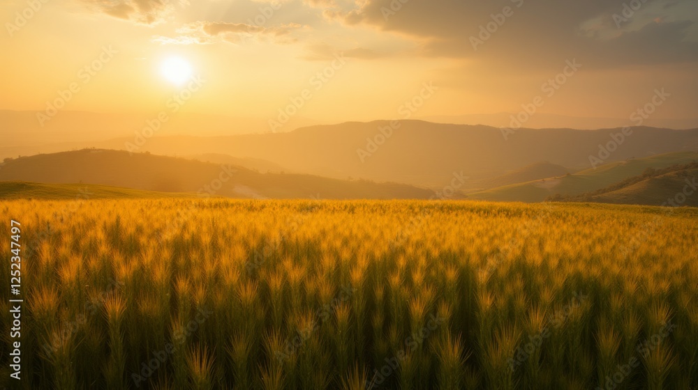 Golden Wheat Field Beneath Warm Sunset Sky in Tranquil Landscape Golden Wheat Field Beneath Warm Sunset Sky in Tranquil Landscape