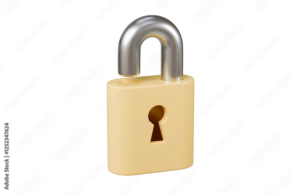 3d Yellow Padlock icon. Data protection, private access, password security access, privacy protection. Security concept. Minimal Cartoon Unlocked Padlock isolated on transparent background. 3d render. 3d Yellow Padlock icon. Data protection, private access, password security access, privacy protection. Security concept. Minimal Cartoon Unlocked Padlock isolated on transparent background. 3d render.