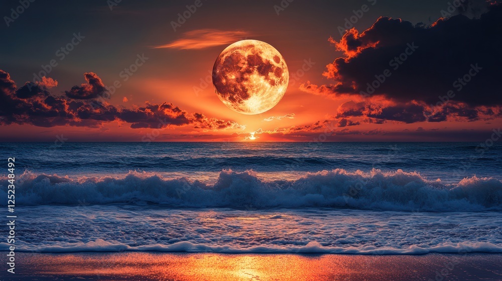 Ocean sunset with giant moon Ocean sunset with giant moon