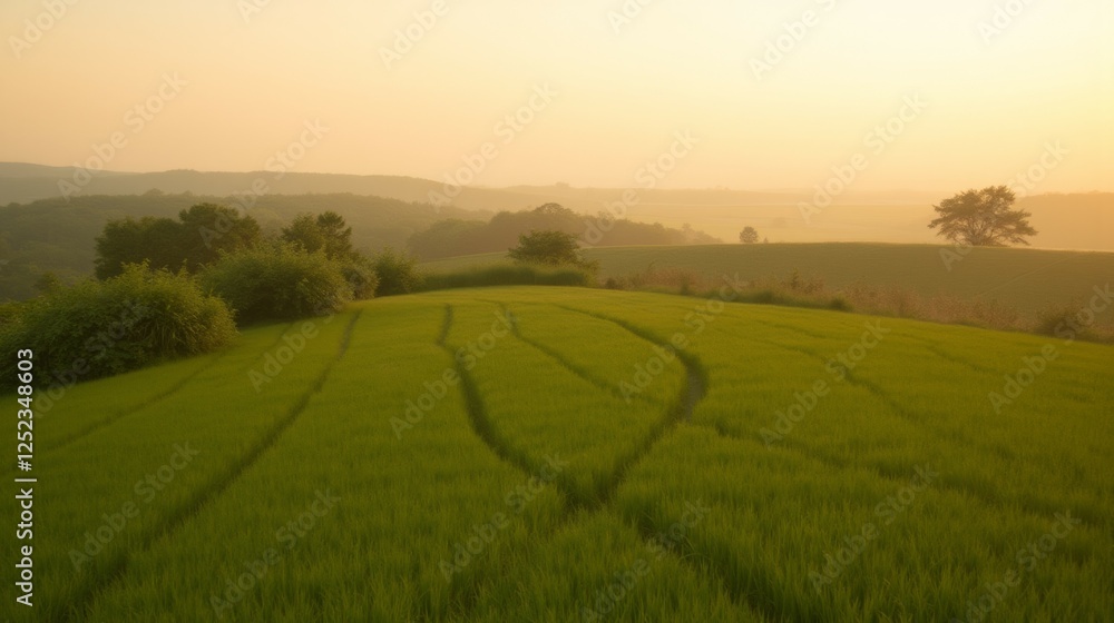 Obraz premium Serene Sunrise Over Lush Green Rice Fields with Misty Horizon