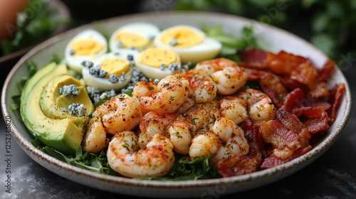 Shrimp Cobb salad with bacon, avocado, boiled eggs, and blue cheese crumbles, presented on a clean white dish photo