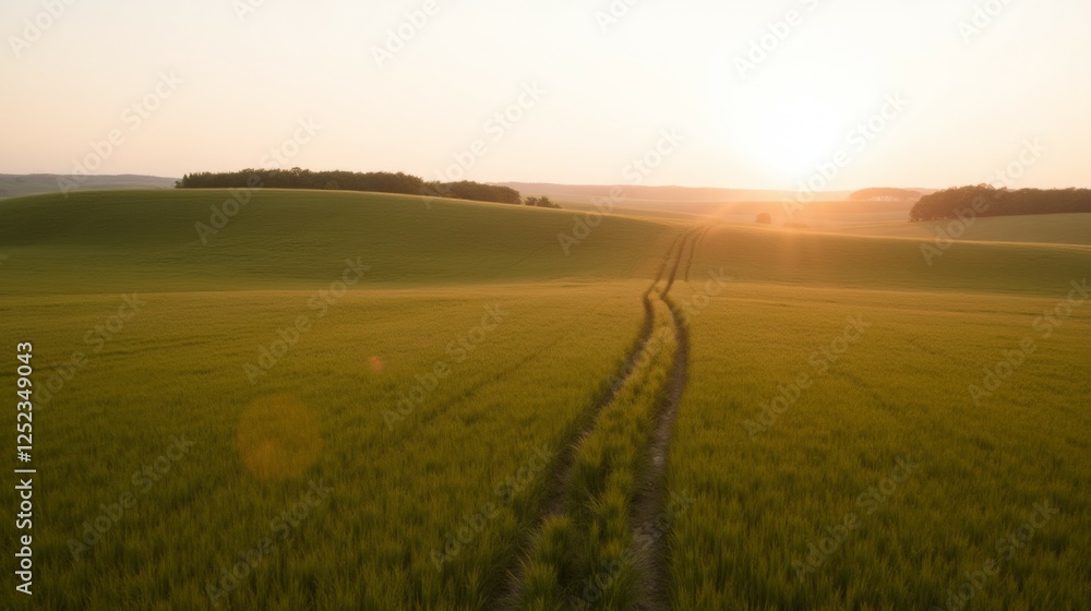 Obraz premium Serene Landscape with Pathway through Golden Wheat Field at Sunrise