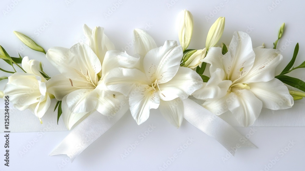 Elegant White Lilies with Silver Ribbon Ornament on White Background Elegant White Lilies with Silver Ribbon Ornament on White Background