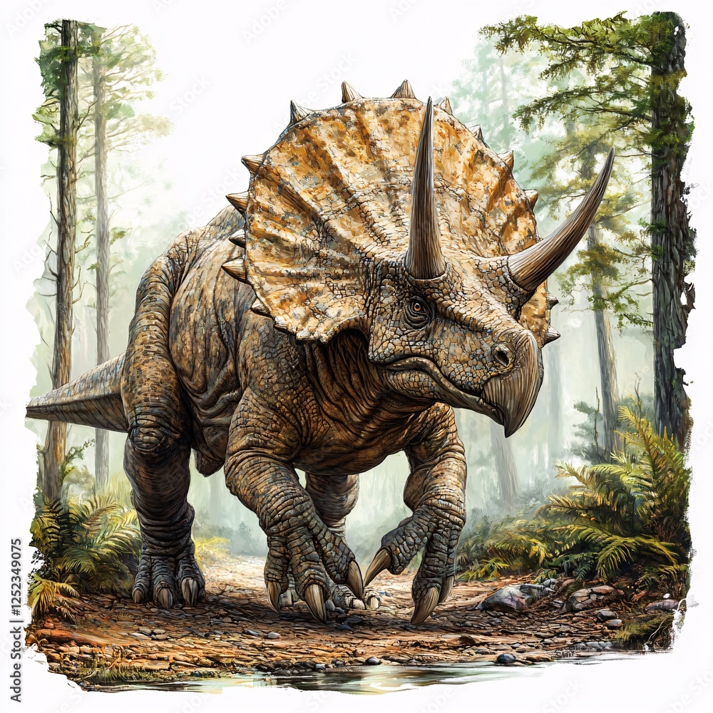 Fototapeta premium Triceratops Dinosaur Roaming Ancient Forest Habitat