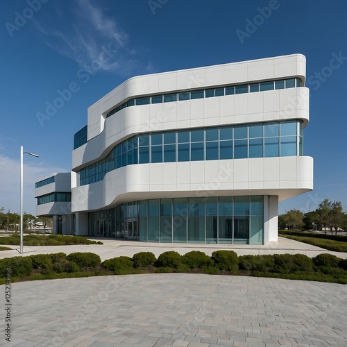 Contemporary Office Building with Reflective Glass Facade, A modern office structure featuring expansive glass windows and minimalist design, suitable for corporate ventures.