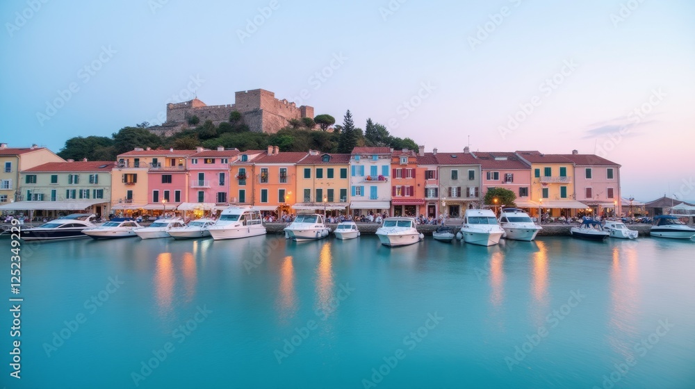 Serene Coastal Village with Colorful Buildings and Calm Waters Serene Coastal Village with Colorful Buildings and Calm Waters