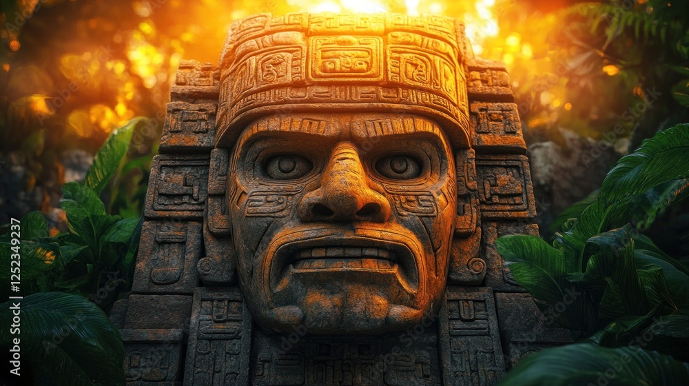 Ancient Mayan head, jungle setting, dramatic lighting, historical backdrop Ancient Mayan head, jungle setting, dramatic lighting, historical backdrop