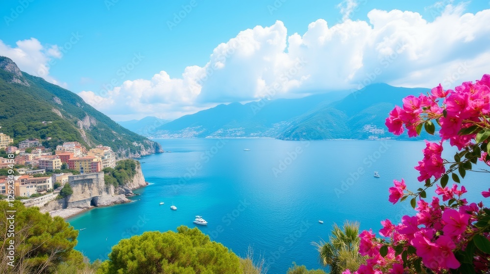 Fototapeta premium Serene Coastal View with Colorful Flowers in Vibrant Landscape