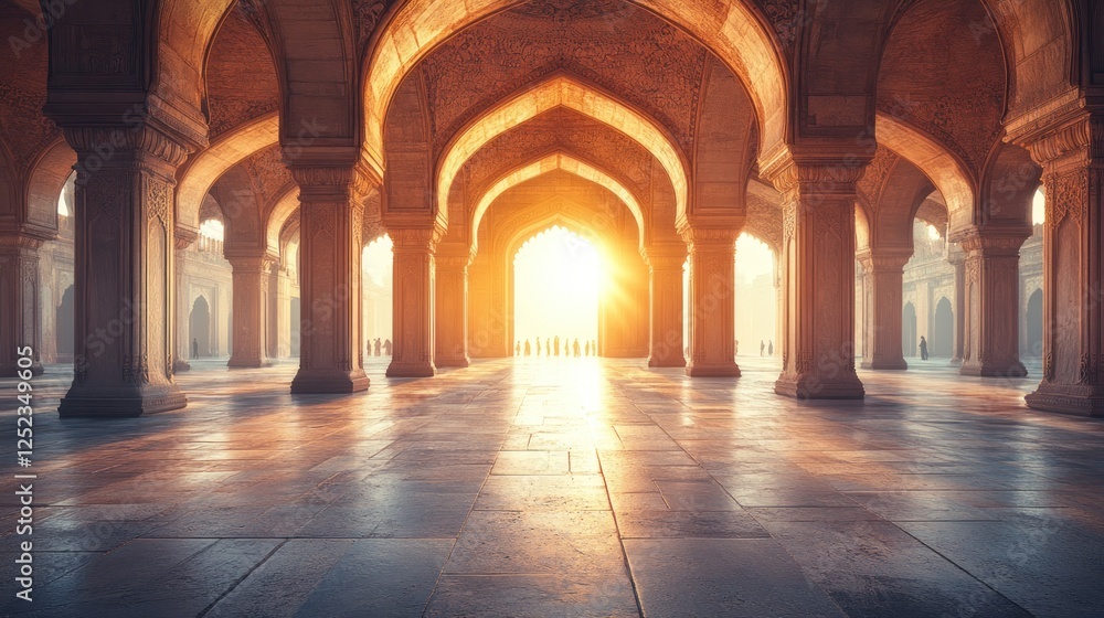 Obraz premium Ancient mosque interior, sunlight streams, worshippers pray, historical architecture