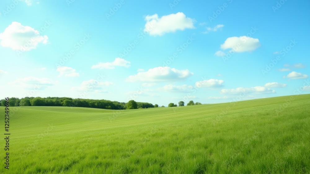 Expansive Green Meadow Under a Bright Blue Sky with Soft Clouds Expansive Green Meadow Under a Bright Blue Sky with Soft Clouds