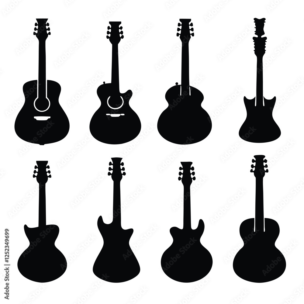 Fototapeta premium Electric, Bass, and Acoustic Guitar Silhouettes Vector Art Set