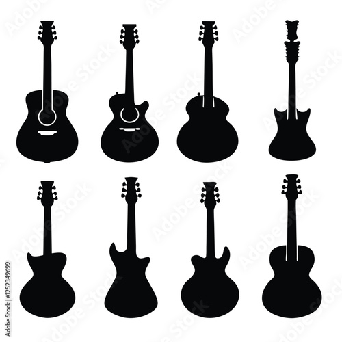 Electric, Bass, and Acoustic Guitar Silhouettes Vector Art Set