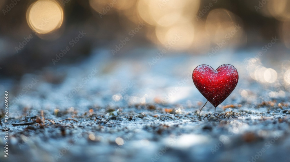 Glittering Red Heart Resting on Frosty Wooden Surface in Soft Bokeh Lighting Glittering Red Heart Resting on Frosty Wooden Surface in Soft Bokeh Lighting