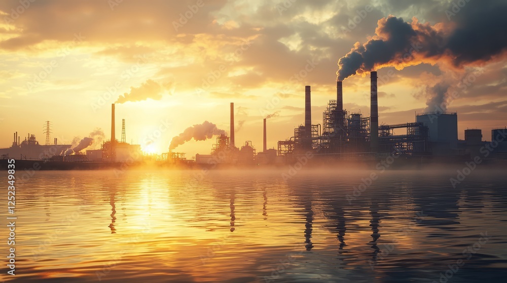 Industrial Landscape at Sunset with Reflections on Water Industrial Landscape at Sunset with Reflections on Water