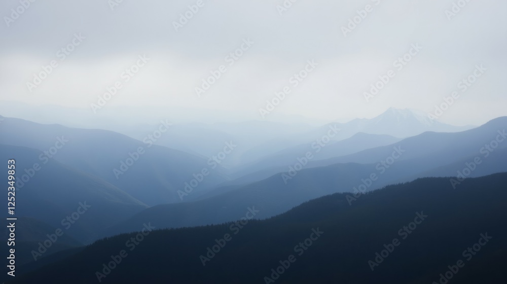 Serene Misty Mountain Range with Layers of Blue and Gray Tones Serene Misty Mountain Range with Layers of Blue and Gray Tones