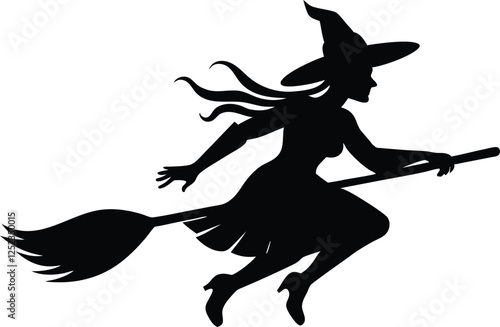 Silhouette of a witch flying broomstick isolated on white background. 