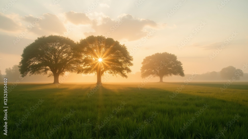 Misty Sunrise Over Trees in Tranquil Landscape with Soft Light Misty Sunrise Over Trees in Tranquil Landscape with Soft Light