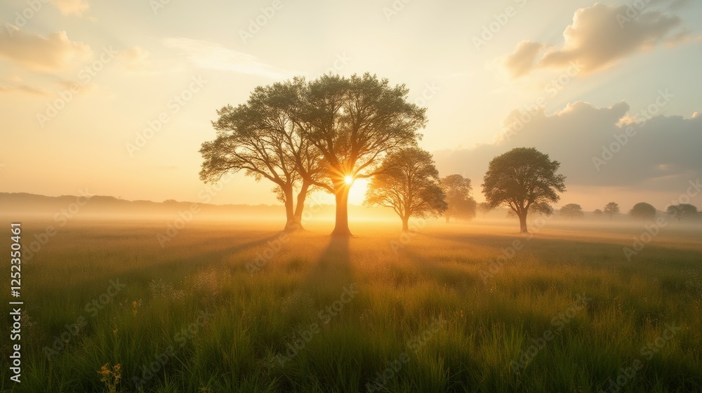 Serene Sunrise Over Misty Field with Silhouetted Trees