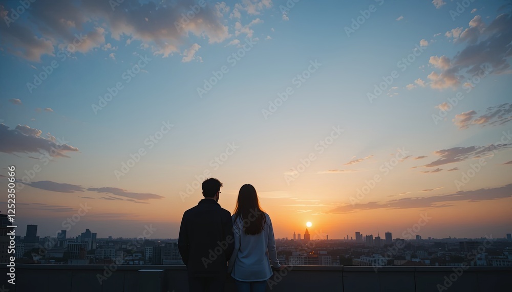 Fototapeta premium Couple watching sunset rooftop photograph urban silhouette love