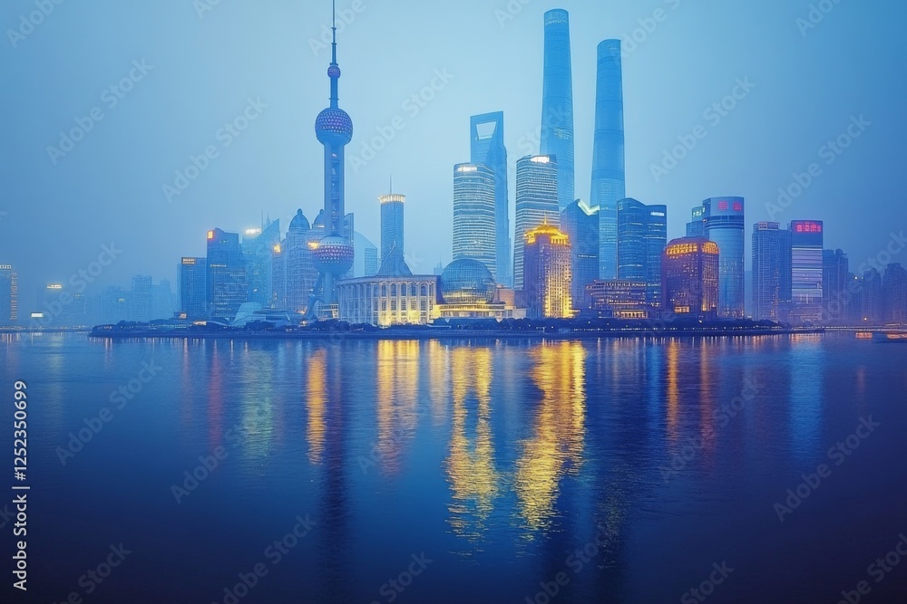 Fototapeta premium Cityscape of a modern metropolis with a river and skyscrapers at sunset