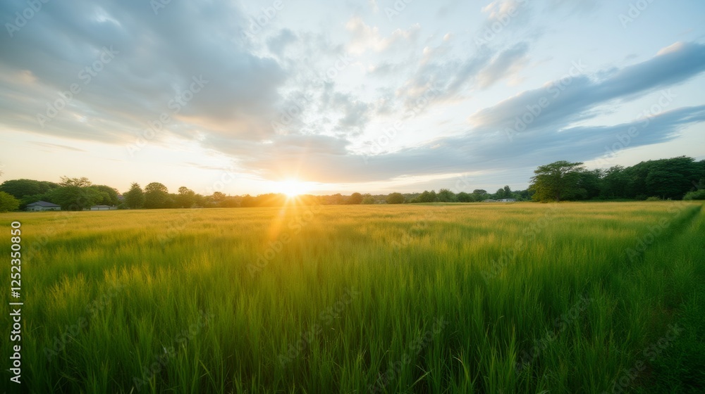 Sunrise over Lush Green Rice Field with Colorful Sky and Clouds Sunrise over Lush Green Rice Field with Colorful Sky and Clouds