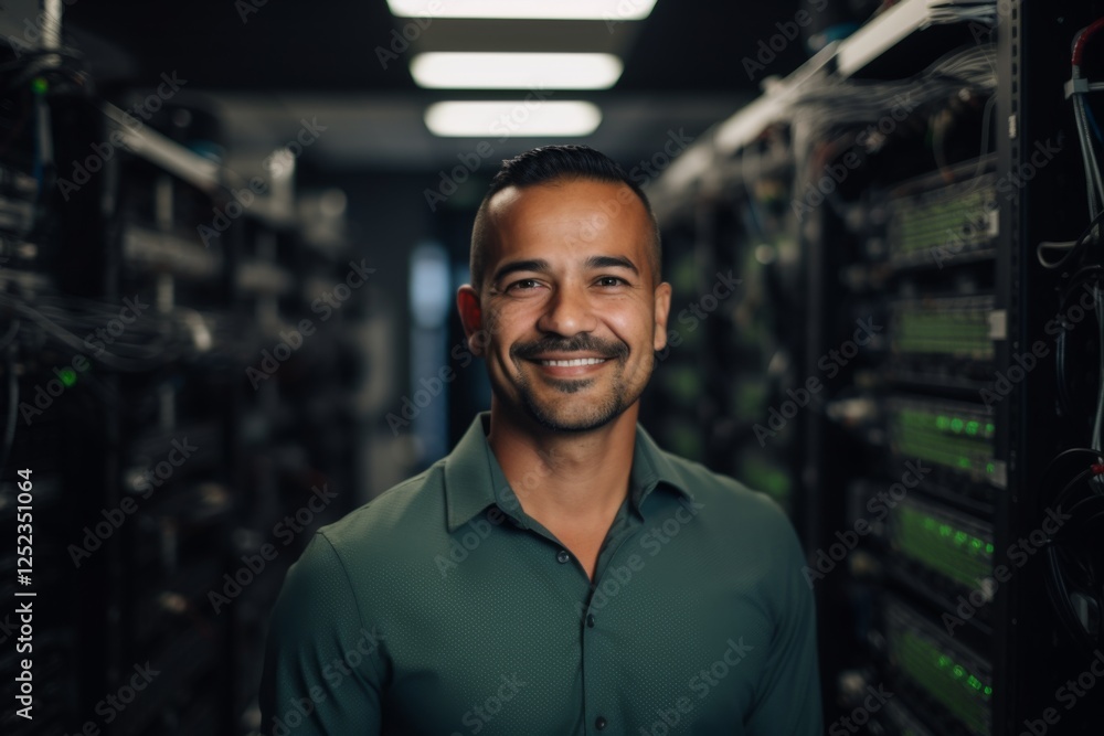 Portrait of a smiling Hispanic male technician in server room Portrait of a smiling Hispanic male technician in server room