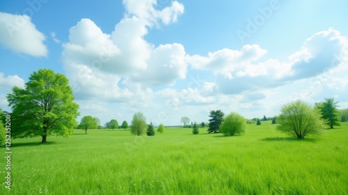 Vibrant Green Meadow Under Bright Blue Sky with Fluffy Clouds