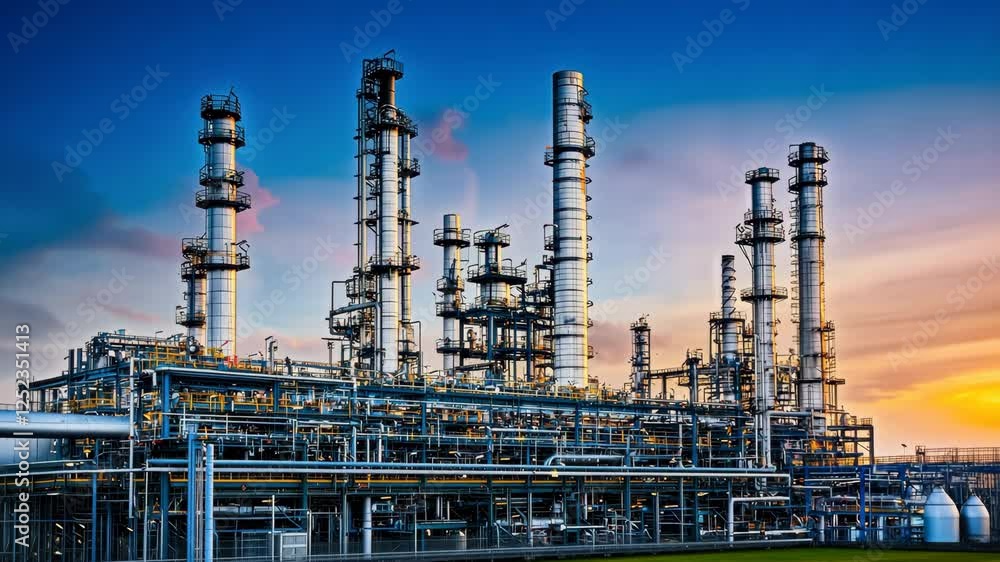 Industrial refinery plant and metal factory structures at sunset Industrial refinery plant and metal factory structures at sunset
