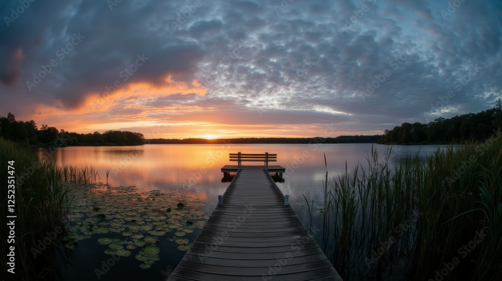 Fototapeta premium Serene Sunset Over a Tranquil Lake with a Dock and Water Lilies