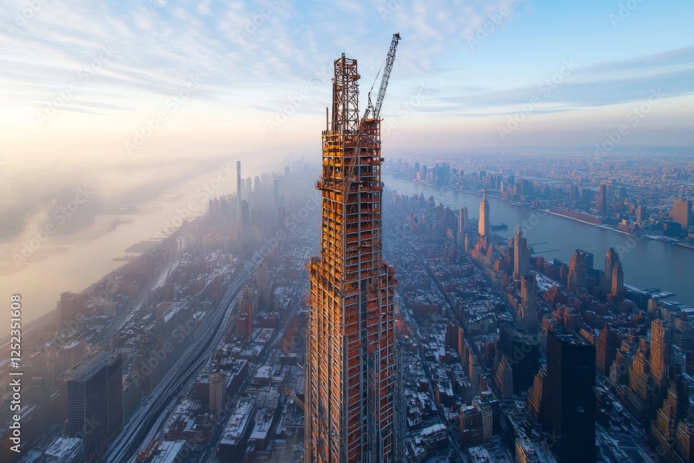Naklejka premium Skyscraper under construction at sunrise