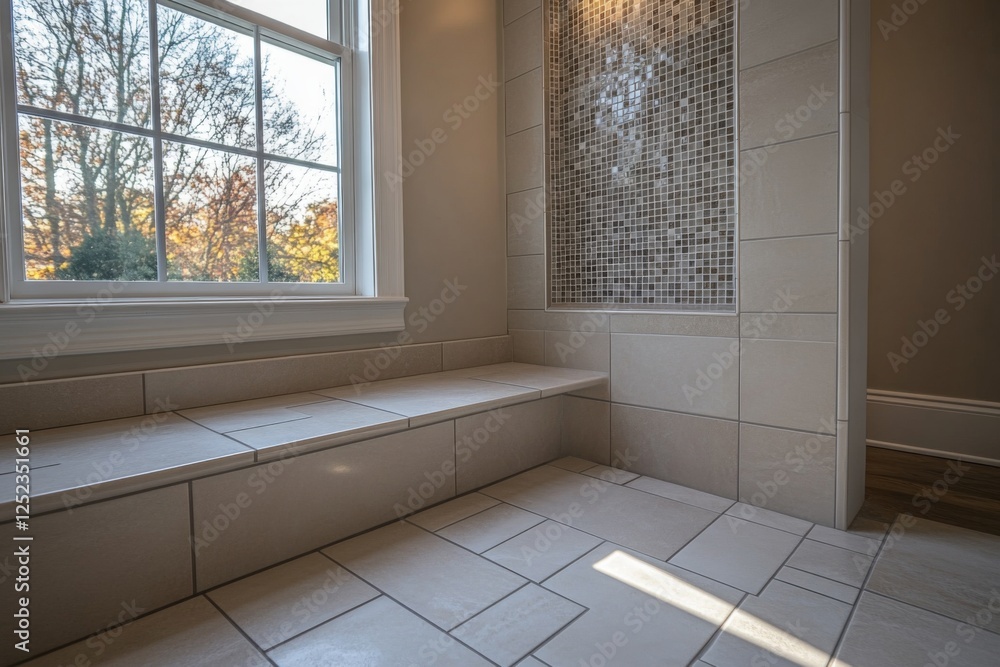Fototapeta premium Modern bathroom with a large window and sunlight