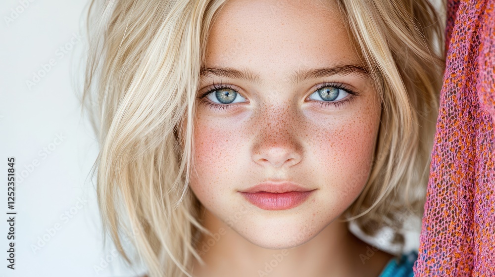 Girl with freckles, blonde hair, and blue eyes, close-up portrait Girl with freckles, blonde hair, and blue eyes, close-up portrait