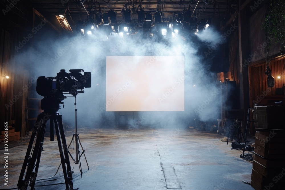 Fototapeta premium Empty film set with stage lights and a white backdrop