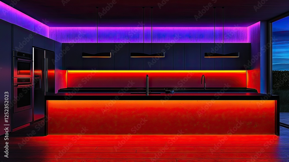 Modern Kitchen Island with Vibrant Red and Purple Lighting Modern Kitchen Island with Vibrant Red and Purple Lighting