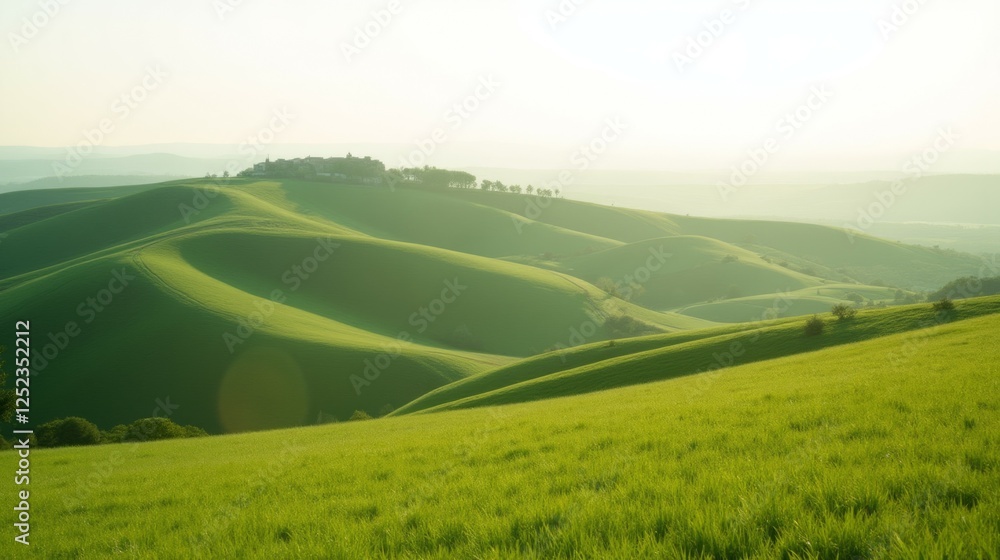 Serene Rolling Hills with Lush Green Grass Under Soft Sunrise Light Serene Rolling Hills with Lush Green Grass Under Soft Sunrise Light