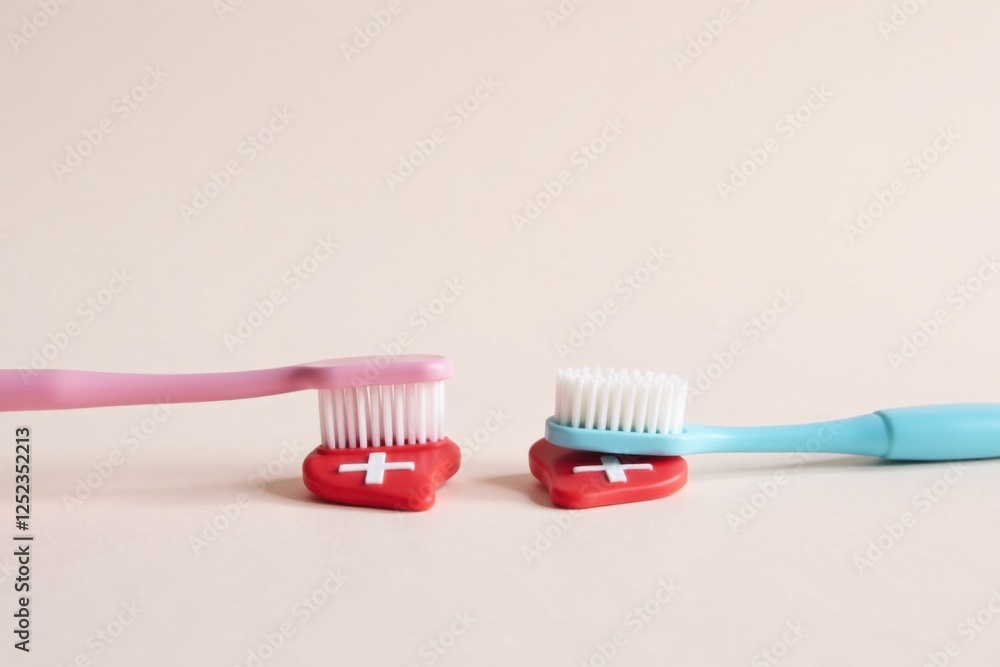 A Pair of Toothbrushes Resting on Red Heart-Shaped Objects, Symbolizing Oral Hygiene and Health A Pair of Toothbrushes Resting on Red Heart-Shaped Objects, Symbolizing Oral Hygiene and Health