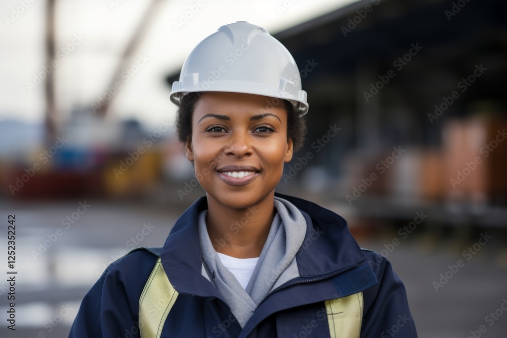 Portrait of a confident African American woman wearing reflective vest at harbor Portrait of a confident African American woman wearing reflective vest at harbor