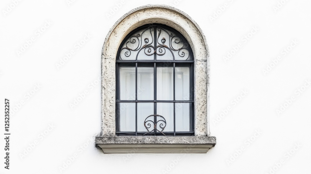 Fototapeta premium Ornate arched window, white wall background, architectural detail, design element
