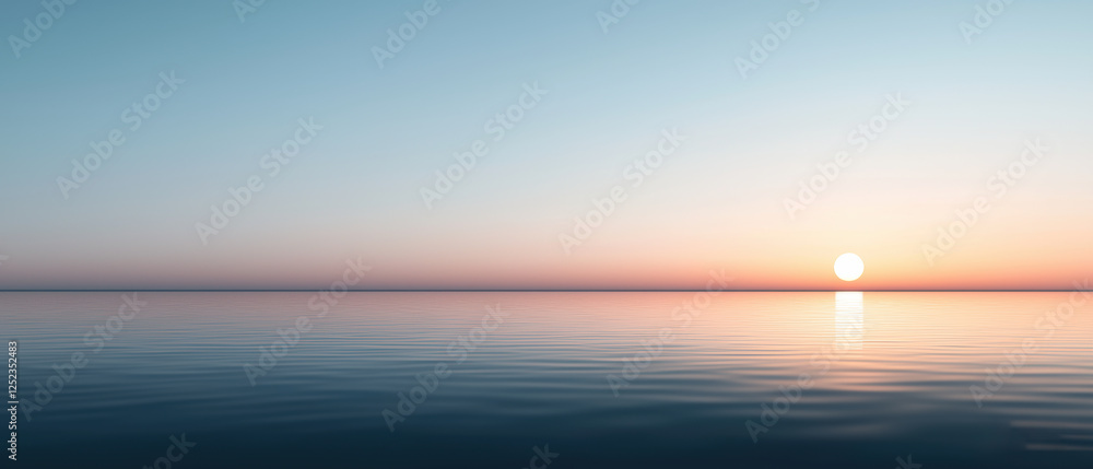 Fototapeta premium Beach and Sunset, Tranquil sunset over a calm sea, reflecting soft hues of orange and blue in the peaceful water.