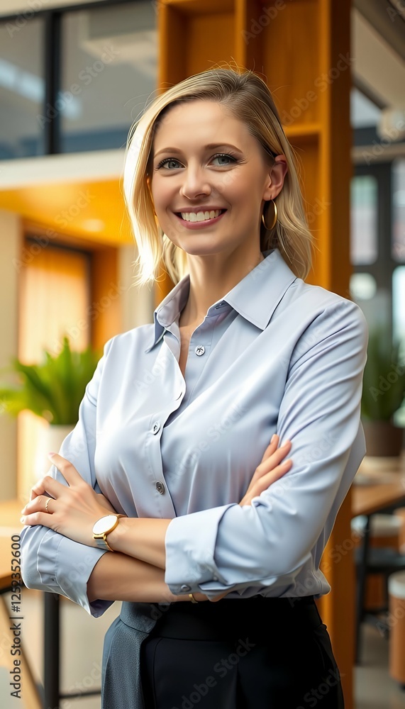 arms boss office woman crossed camera smiling looking business shirt successful ia accountant agency architect boss businesswoman career company confident corporate curly employee executive
