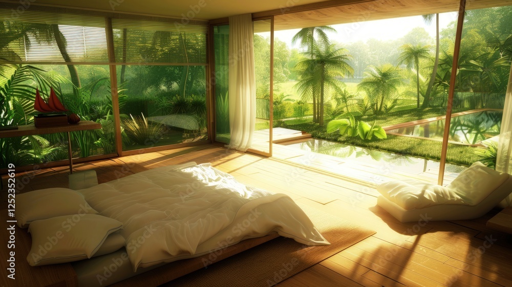 Fototapeta premium Tranquil Tropical Bedroom Oasis: Luxurious Getaway