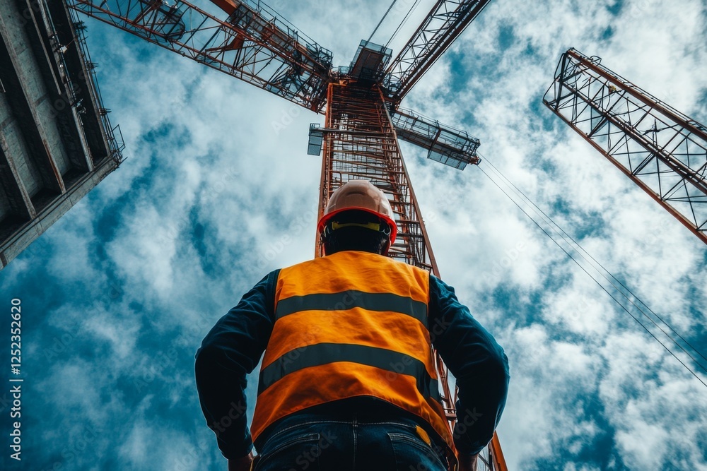 Fototapeta premium Construction worker standing on scaffolding with a bright sky in the background