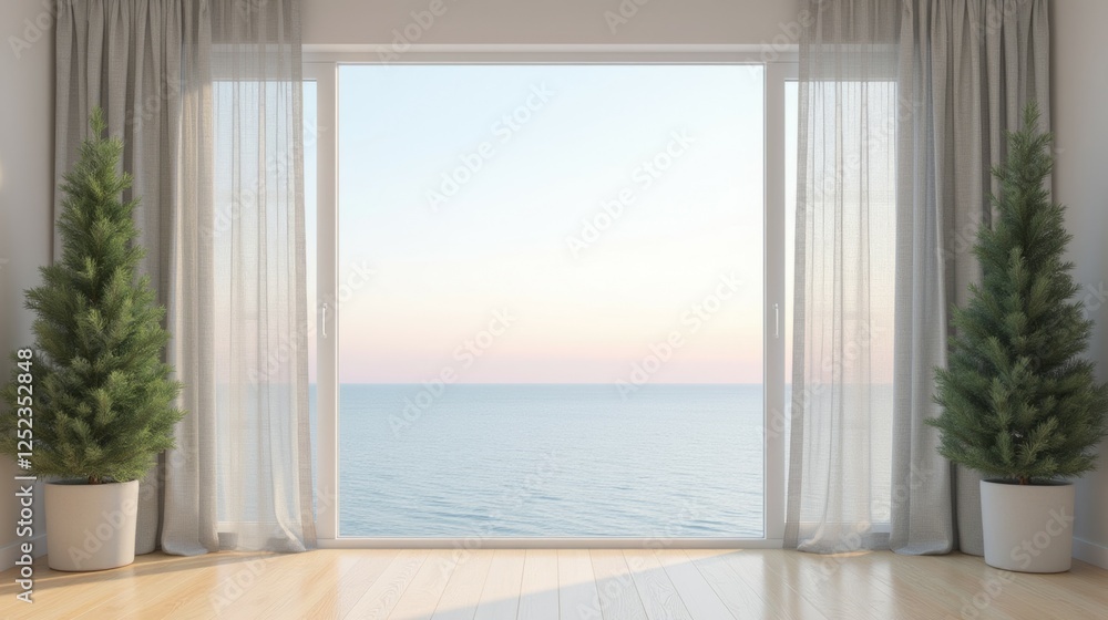 Serene Coastal View Through Large Window with Potted Greenery Serene Coastal View Through Large Window with Potted Greenery