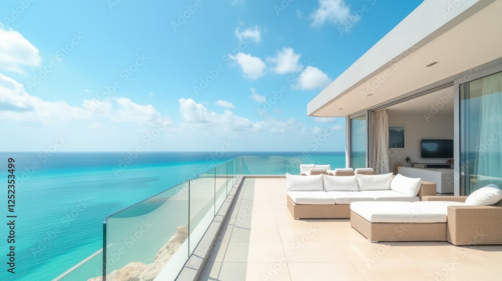 Fototapeta premium Elegant Modern Terrace Overlooking Crystal Clear Ocean View