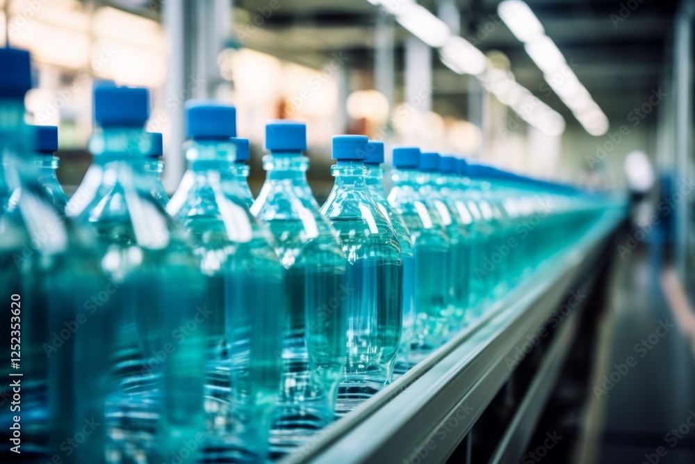 Line of plastic bottles on a assembly line Line of plastic bottles on a assembly line