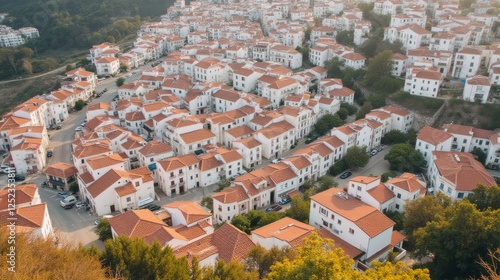 Aerial View of Modern Villas with Red Roofs in Scenic Landscape