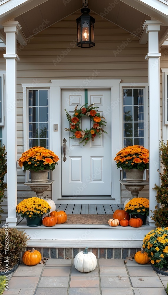 decorations cozy wreath fall porch front cottage pumpkins cute cute cosy house bungalow fall thanksgiving porch chaplet generative ai autumn pumpkin red yellow flower background leaf home halloween