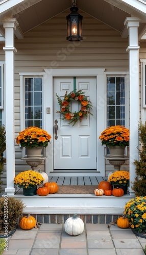 Obraz na płótnie decorations cozy wreath fall porch front cottage pumpkins cute cute cosy house bungalow fall thanksgiving porch chaplet generative ai autumn pumpkin red yellow flower background leaf home halloween w salonie
